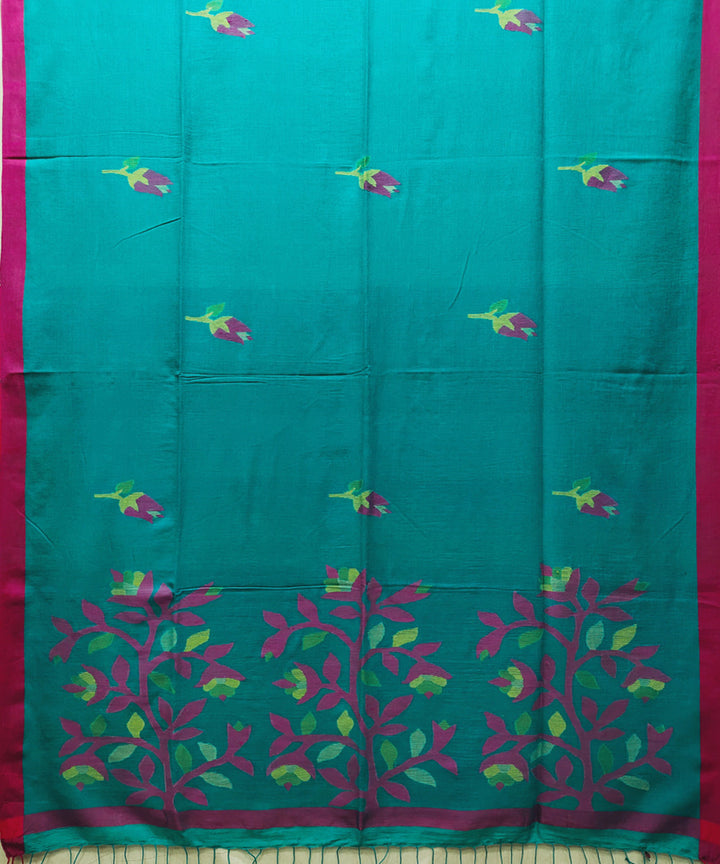 Teal pink handwoven mulmul cotton jamdani saree
