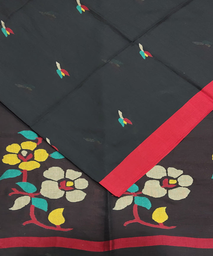 Black red handwoven mulmul cotton jamdani saree