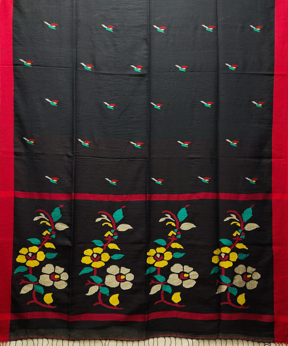 Black red handwoven mulmul cotton jamdani saree
