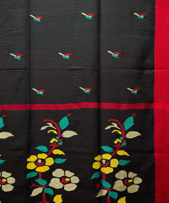 Black red handwoven mulmul cotton jamdani saree