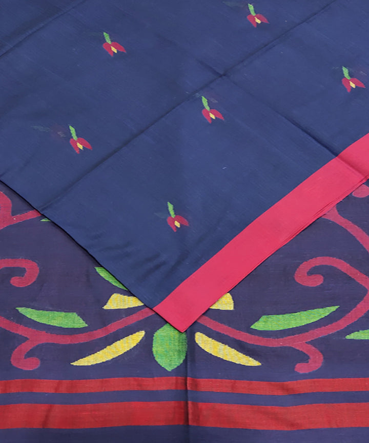 Blue red handwoven mulmul cotton jamdani saree