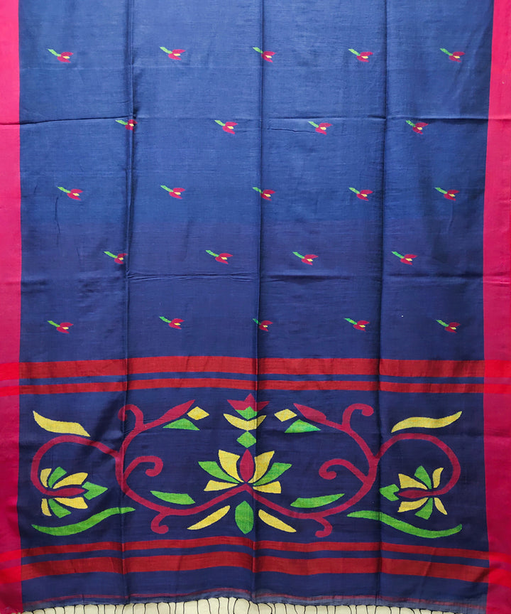 Blue red handwoven mulmul cotton jamdani saree