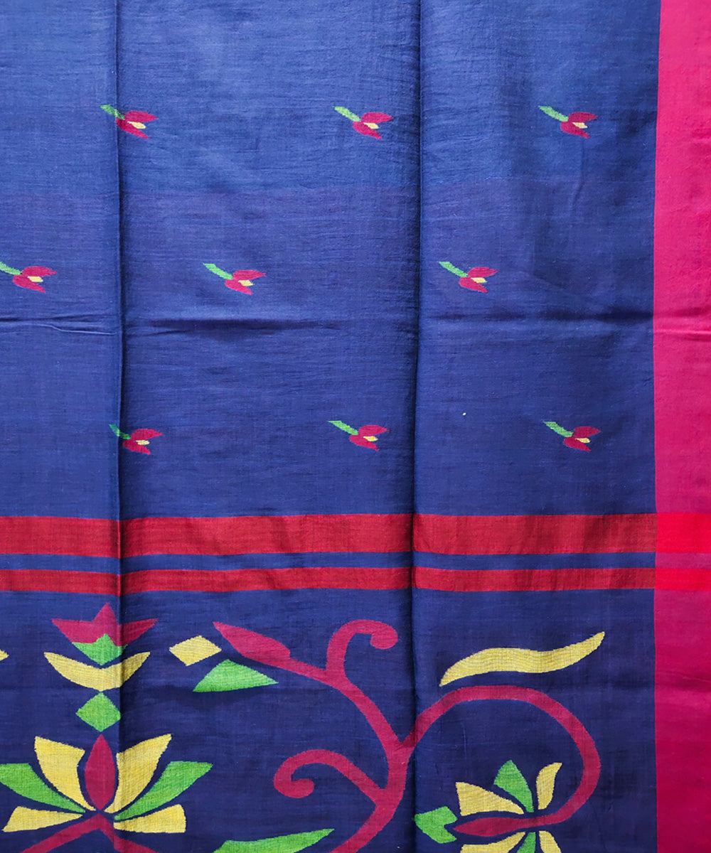Blue red handwoven mulmul cotton jamdani saree