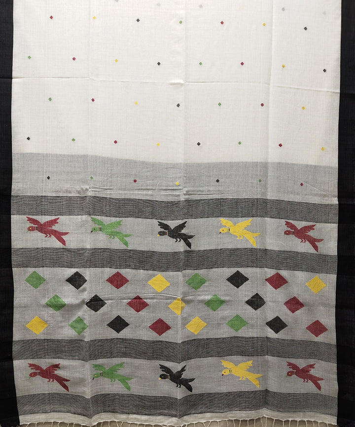 White black handwoven mulmul cotton jamdani saree