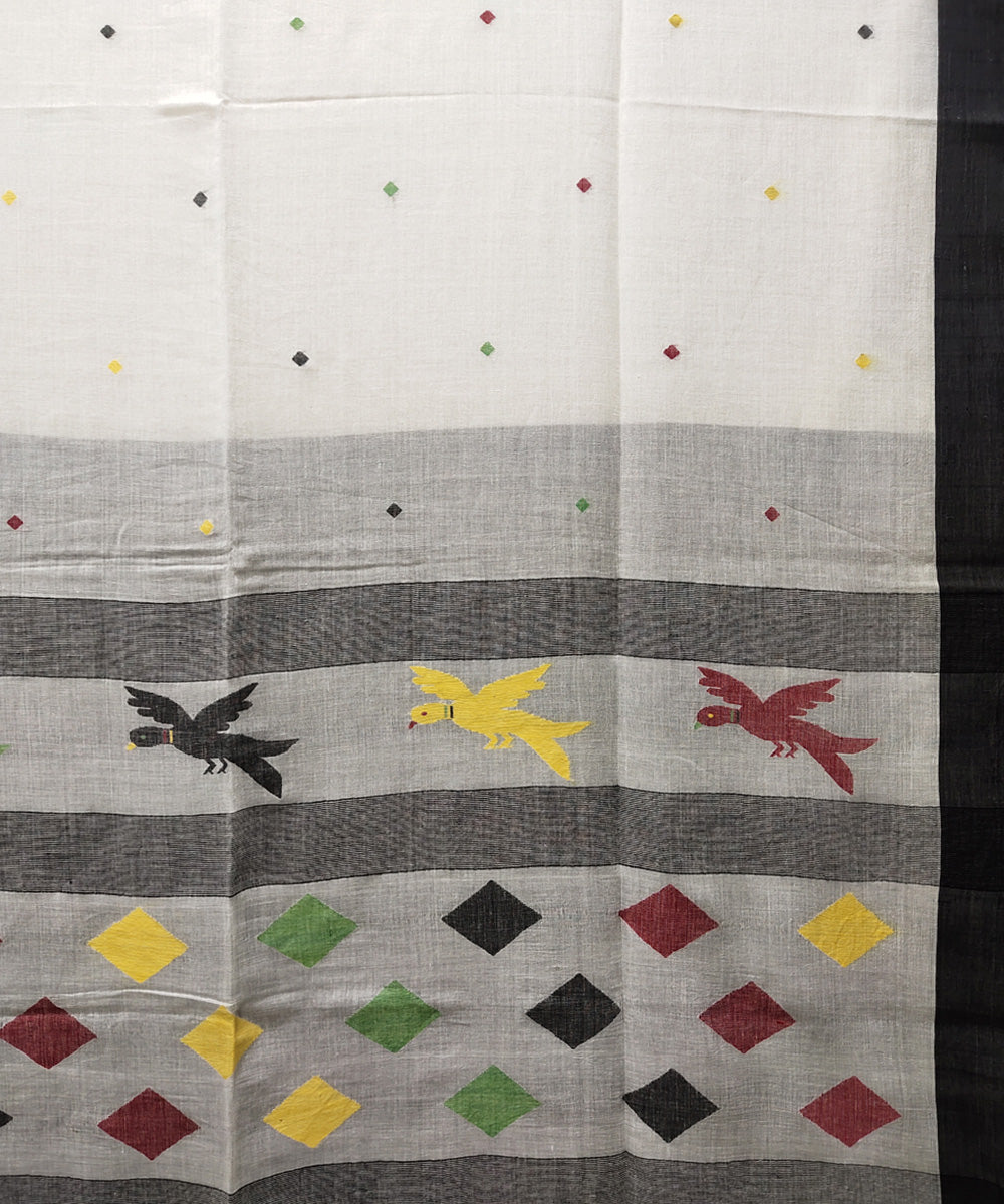 White black handwoven mulmul cotton jamdani saree