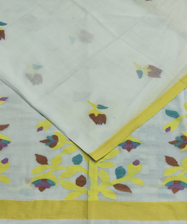 White yellow handwoven mulmul cotton jamdani saree