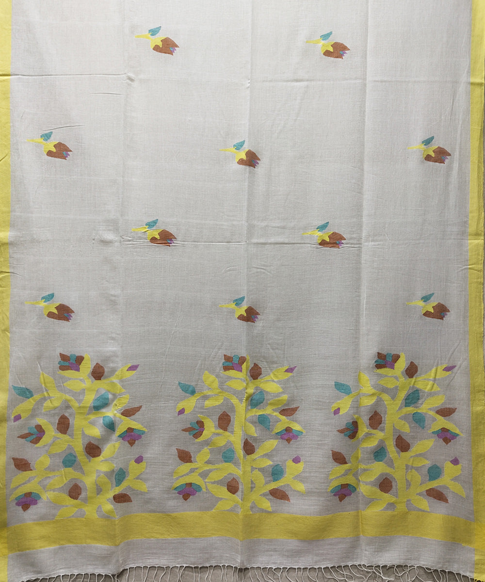 White yellow handwoven mulmul cotton jamdani saree