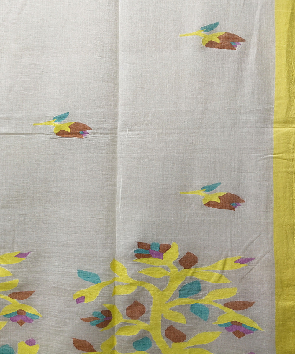 White yellow handwoven mulmul cotton jamdani saree