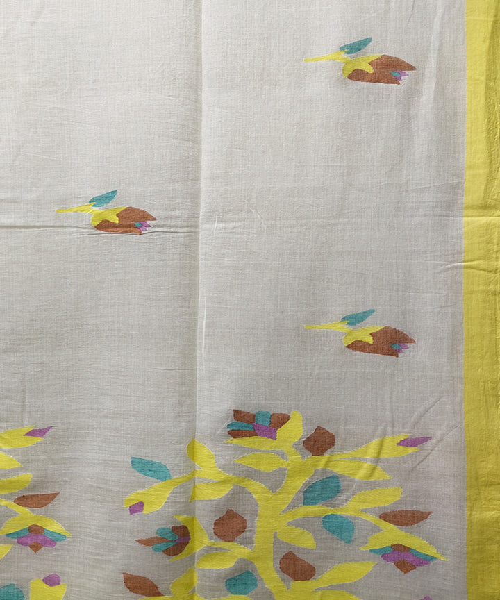 White yellow handwoven mulmul cotton jamdani saree