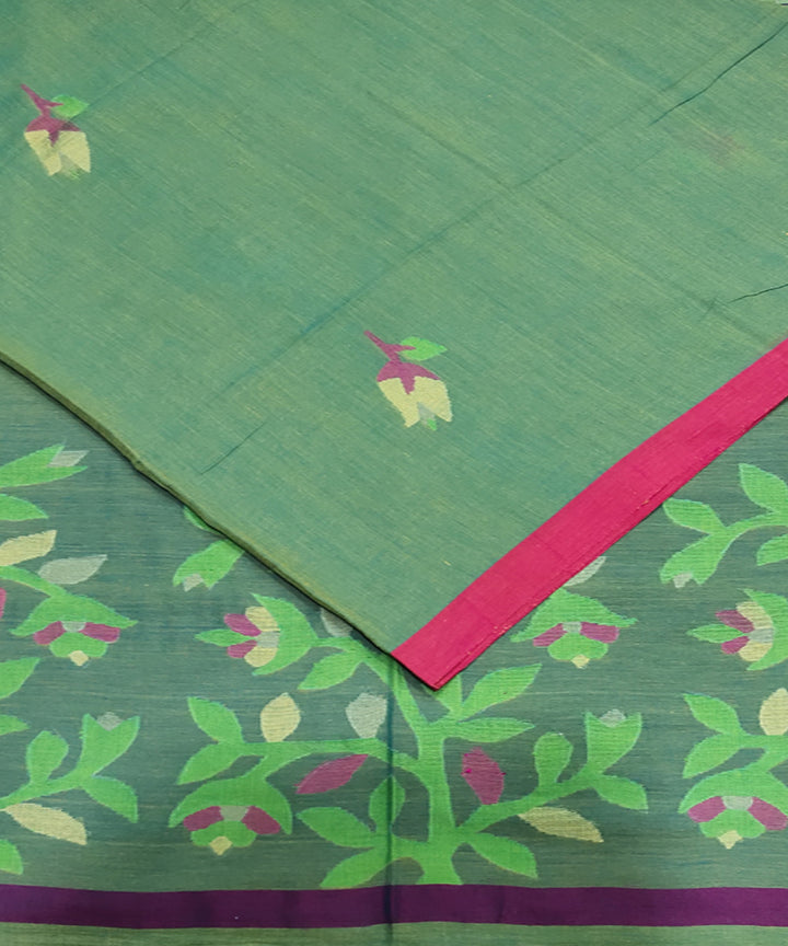 Green pink handwoven mulmul cotton jamdani saree
