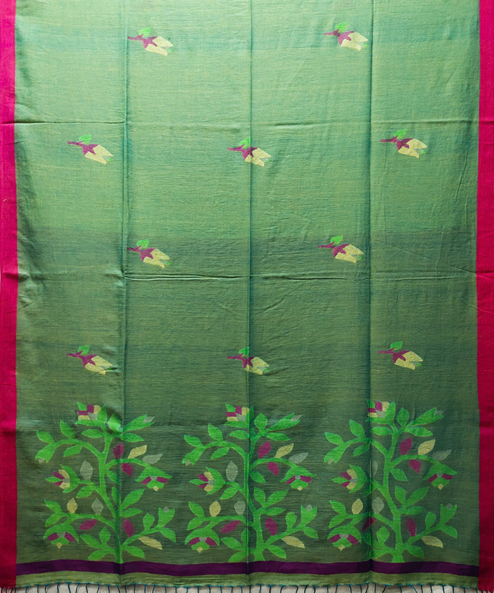 Green pink handwoven mulmul cotton jamdani saree