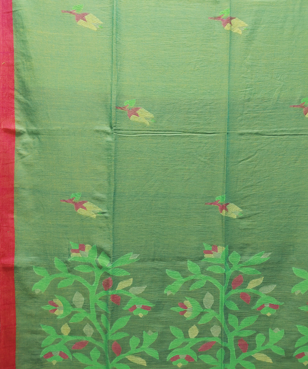 Green pink handwoven mulmul cotton jamdani saree