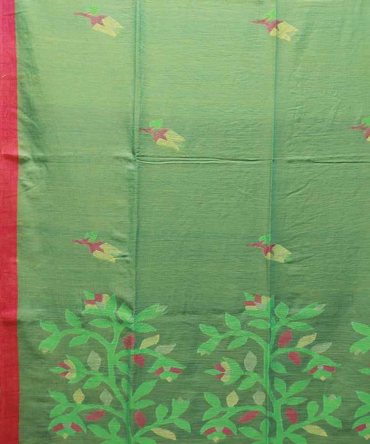 Green pink handwoven mulmul cotton jamdani saree