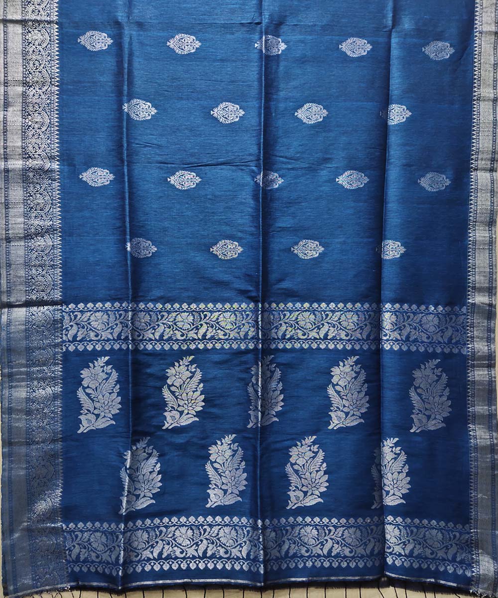 Blue handwoven jacquard cotton linen saree