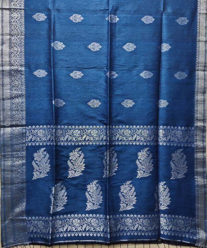 Blue handwoven jacquard cotton linen saree