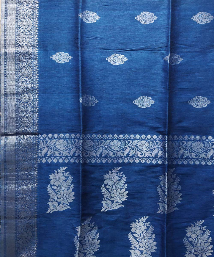 Blue handwoven jacquard cotton linen saree