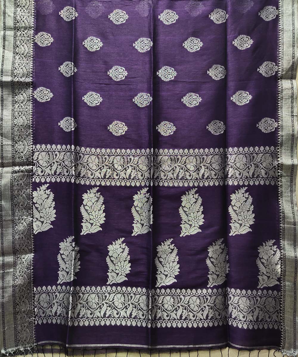 Violet handwoven jacquard cotton linen saree