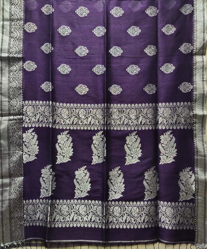 Violet handwoven jacquard cotton linen saree
