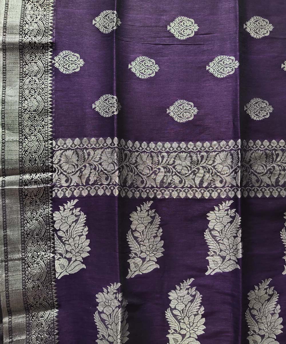Violet handwoven jacquard cotton linen saree