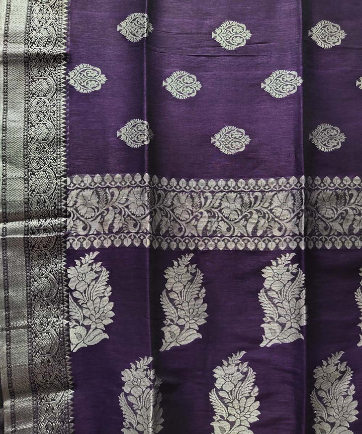 Violet handwoven jacquard cotton linen saree