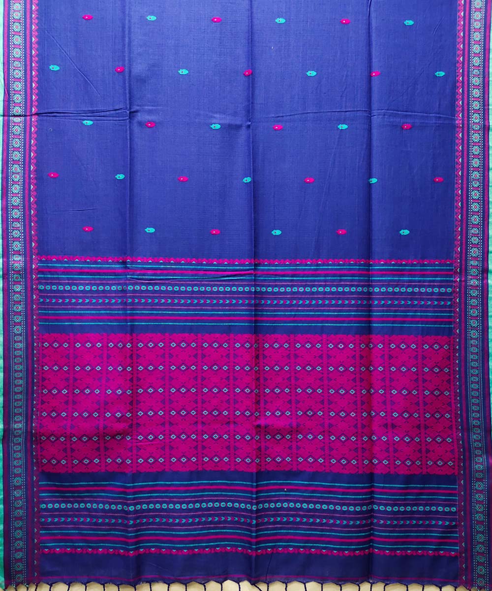 Blue pink handwoven jacquard mercerised cotton saree