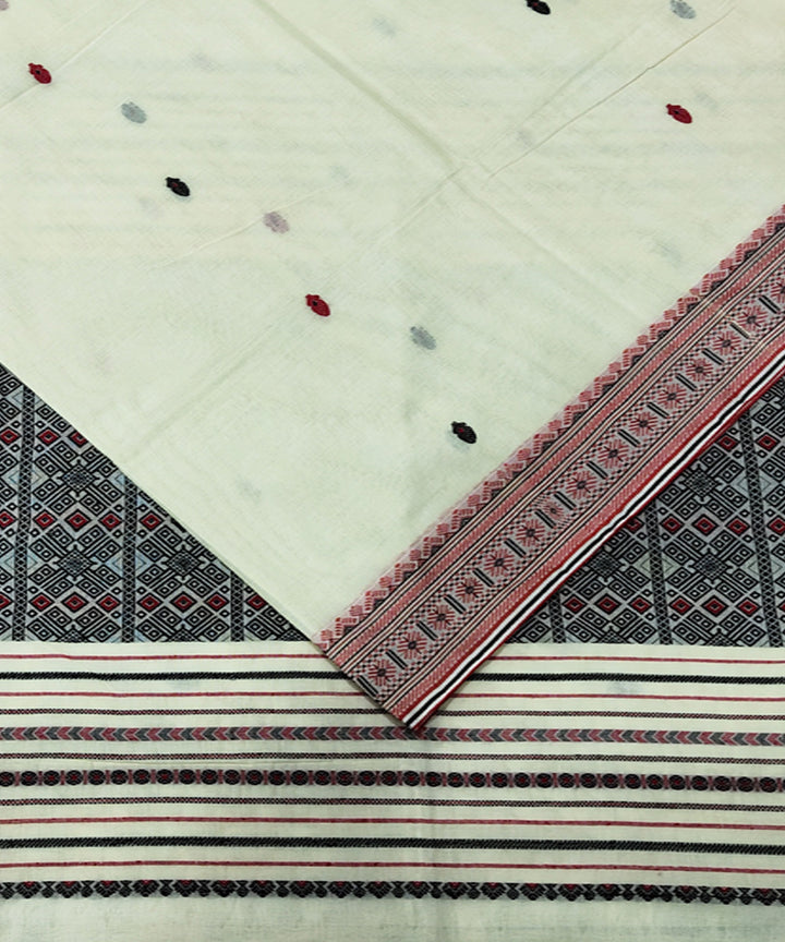 Offwhite red black handwoven jacquard mercerised cotton saree