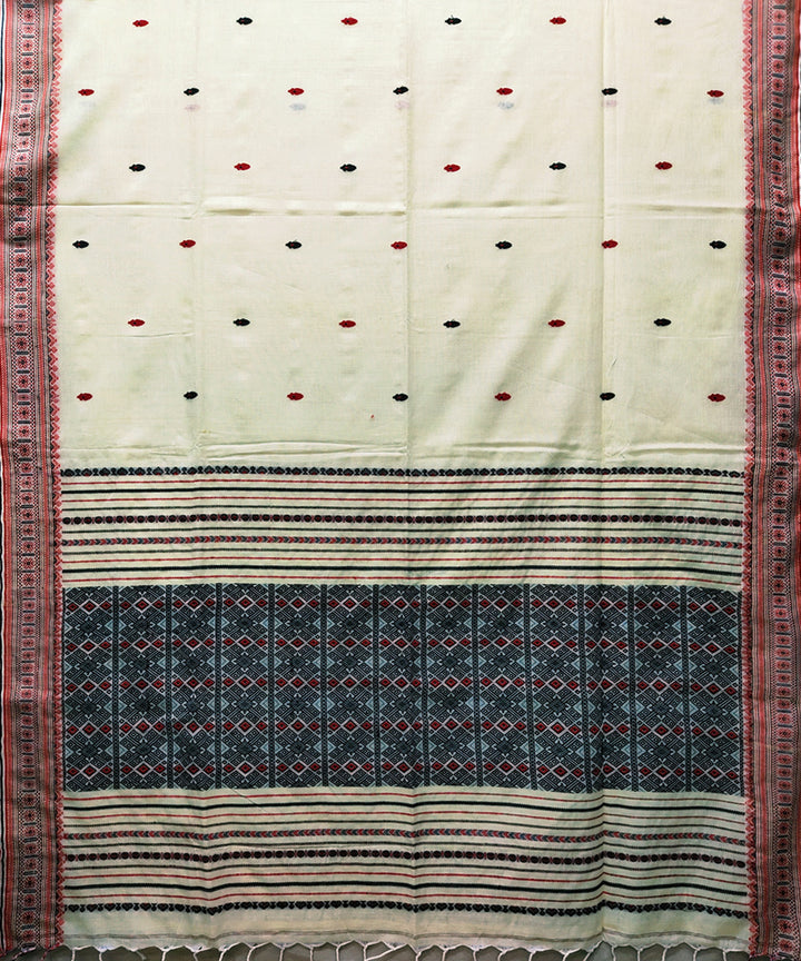 Offwhite red black handwoven jacquard mercerised cotton saree
