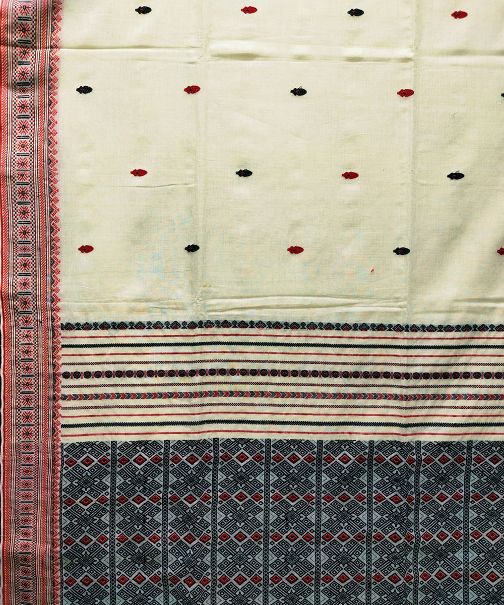 Offwhite red black handwoven jacquard mercerised cotton saree