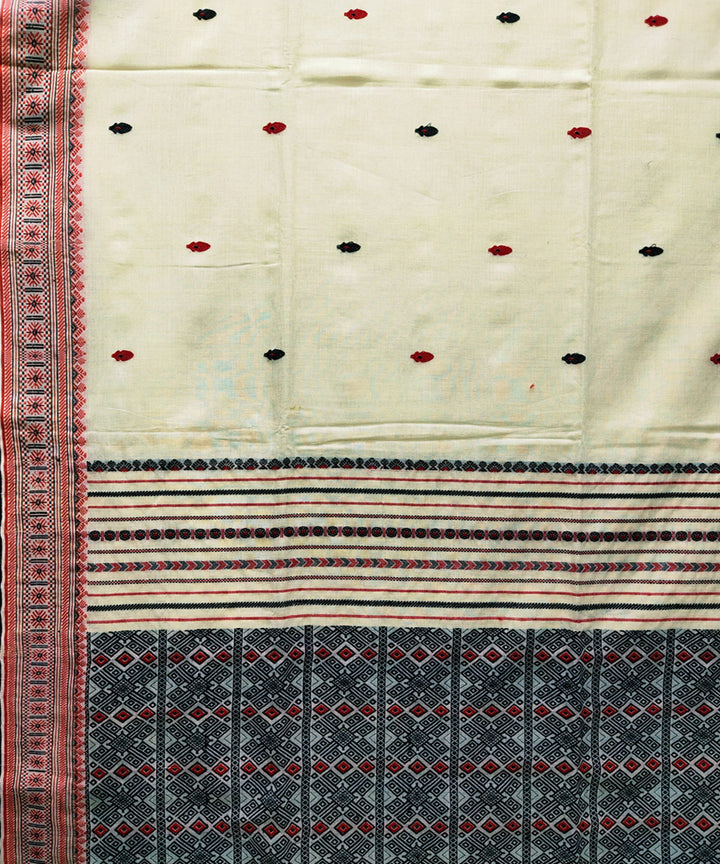 Offwhite red black handwoven jacquard mercerised cotton saree