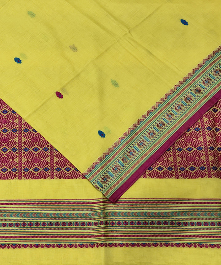 Yellow pink handwoven jacquard mercerised cotton saree