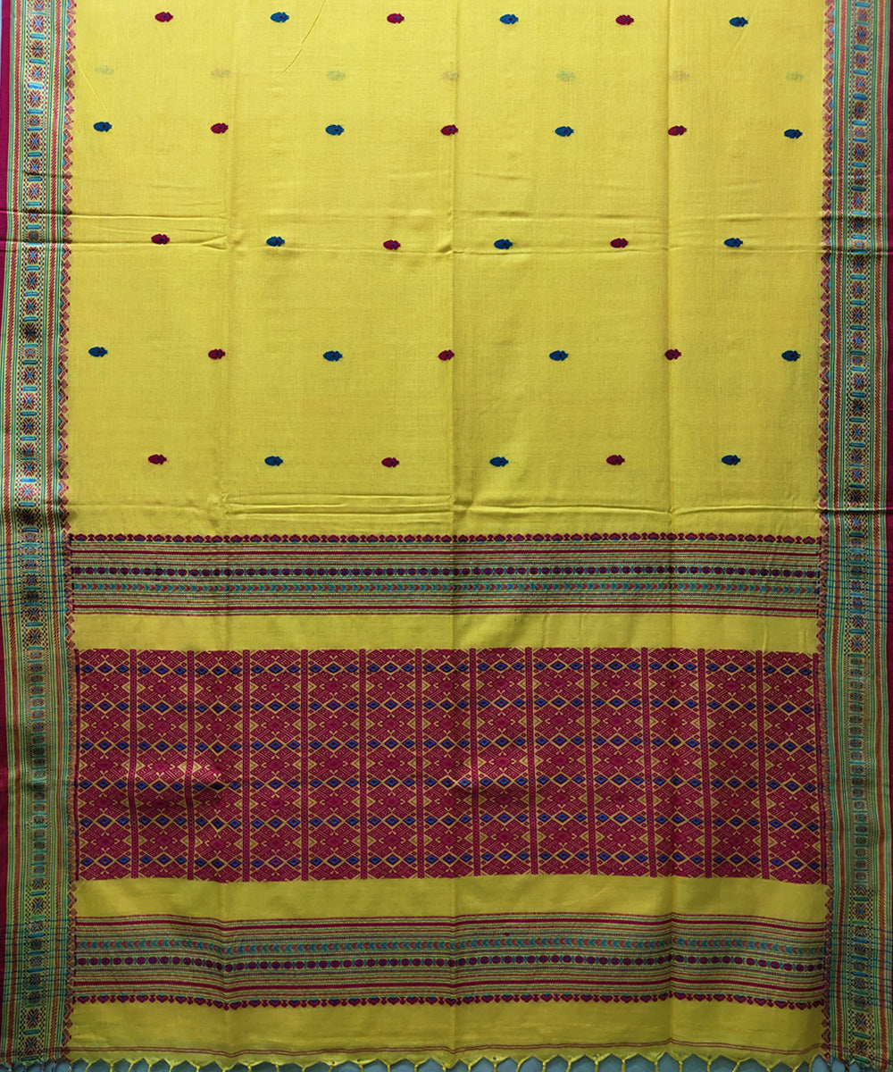 Yellow pink handwoven jacquard mercerised cotton saree