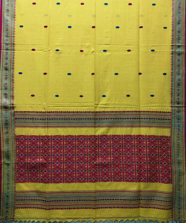Yellow pink handwoven jacquard mercerised cotton saree