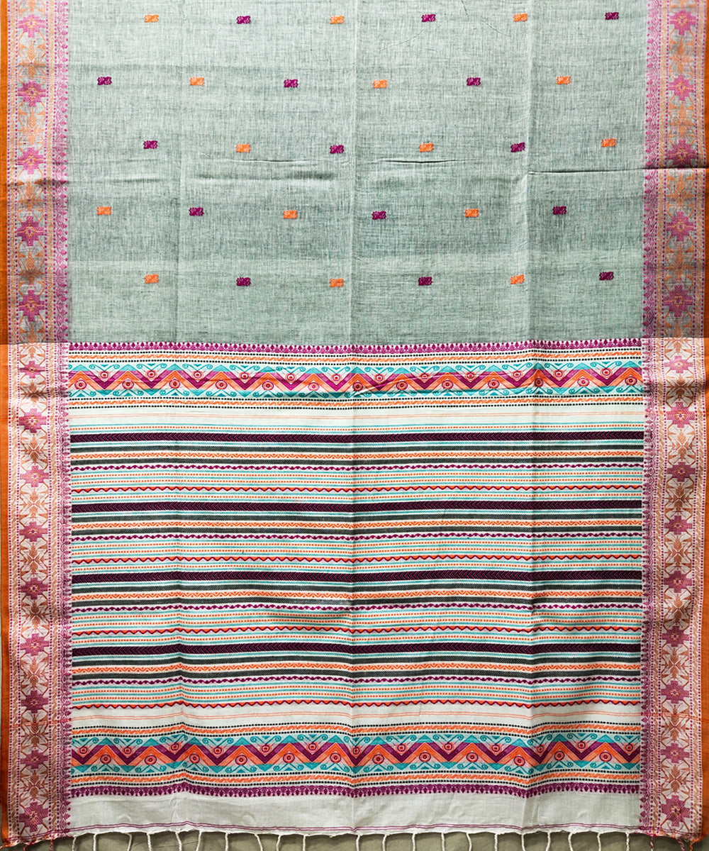 Grey red handwoven jacquard mercerised cotton saree