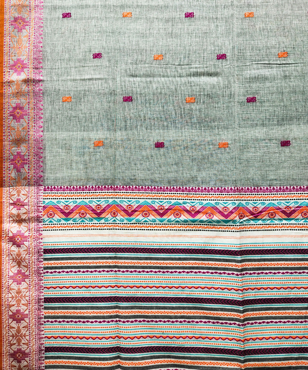 Grey red handwoven jacquard mercerised cotton saree