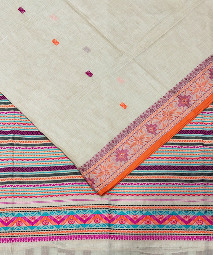 Cream orange handwoven jacquard mercerised cotton saree