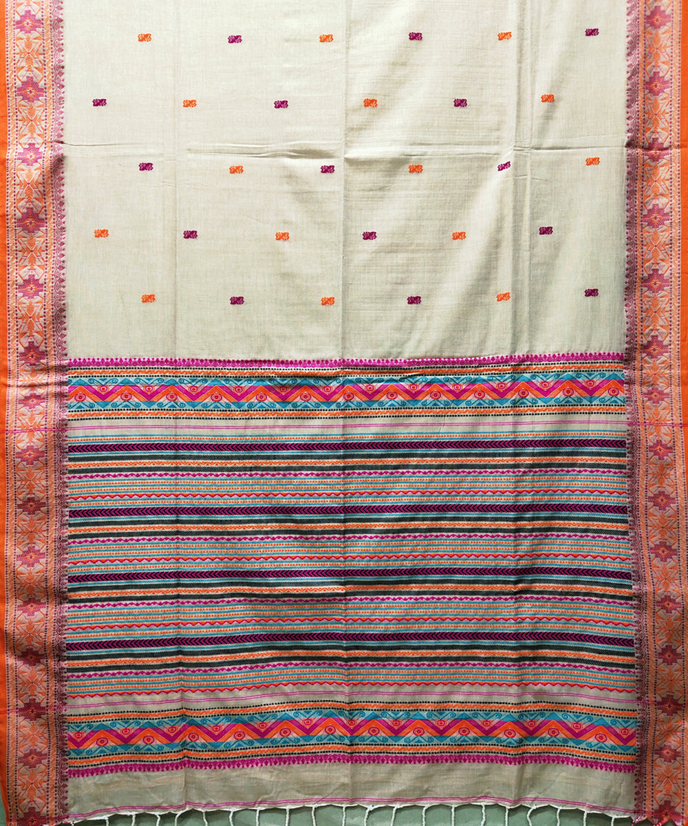 Cream orange handwoven jacquard mercerised cotton saree