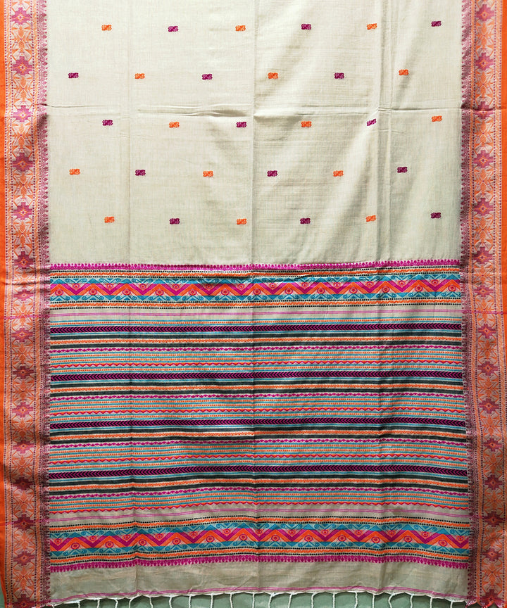 Cream orange handwoven jacquard mercerised cotton saree