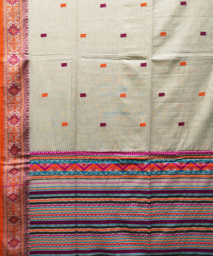 Cream orange handwoven jacquard mercerised cotton saree