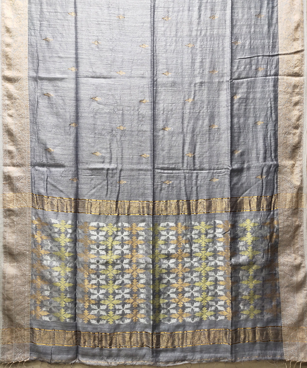 Grey handwoven jacquard matka silk saree
