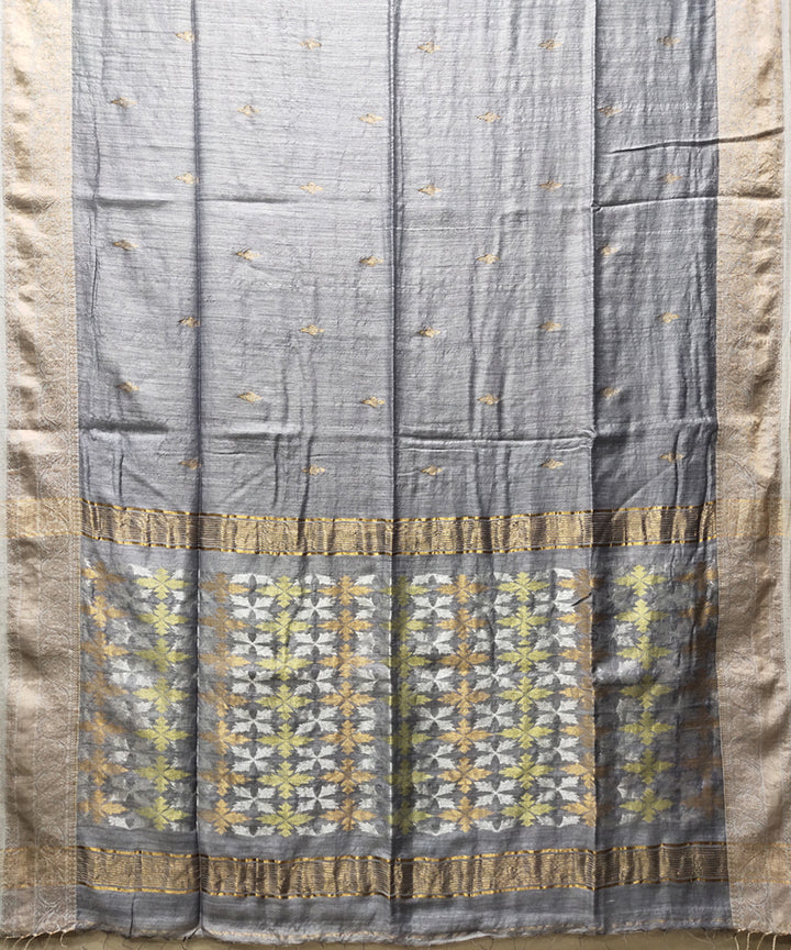 Grey handwoven jacquard matka silk saree