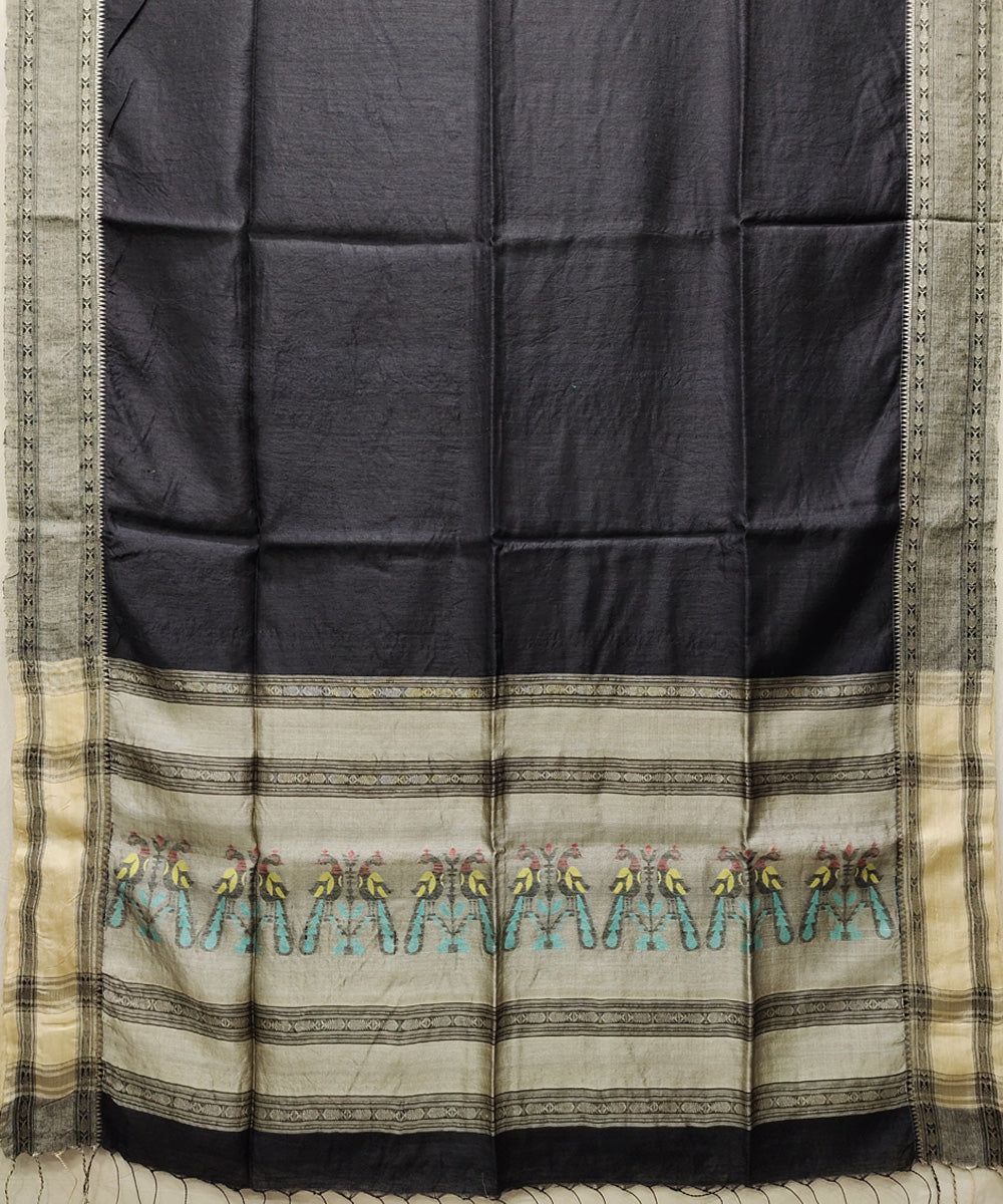 Black beige handwoven jacquard matka silk and tussar saree