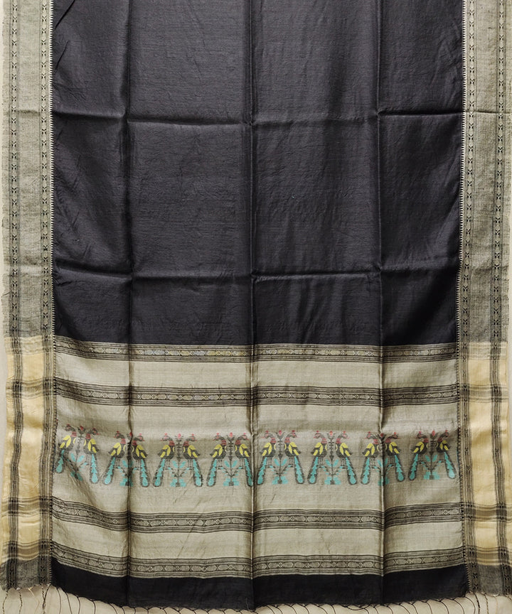 Black beige handwoven jacquard matka silk and tussar saree