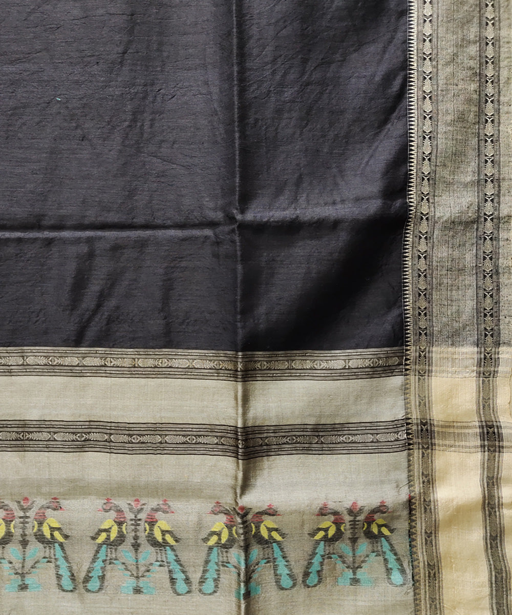 Black beige handwoven jacquard matka silk and tussar saree