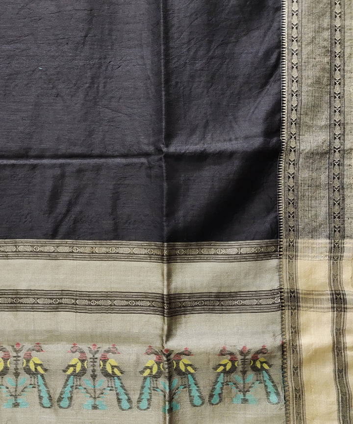 Black beige handwoven jacquard matka silk and tussar saree