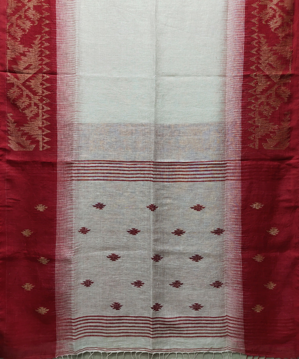 White red handwoven jacquard linen saree