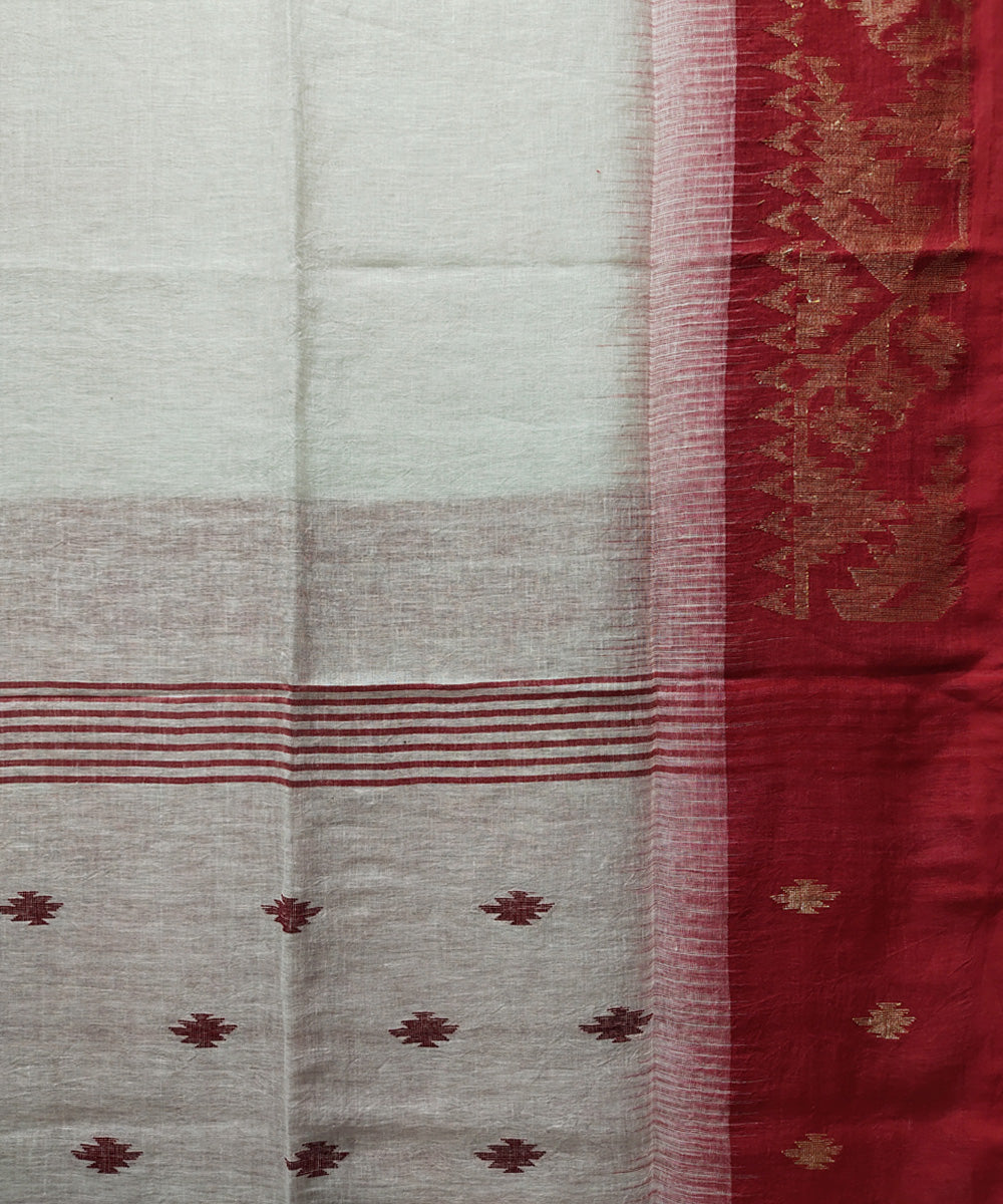White red handwoven jacquard linen saree
