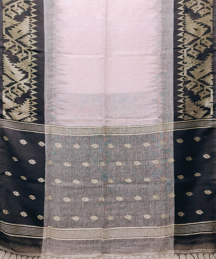 Baby pink black handwoven jacquard linen saree