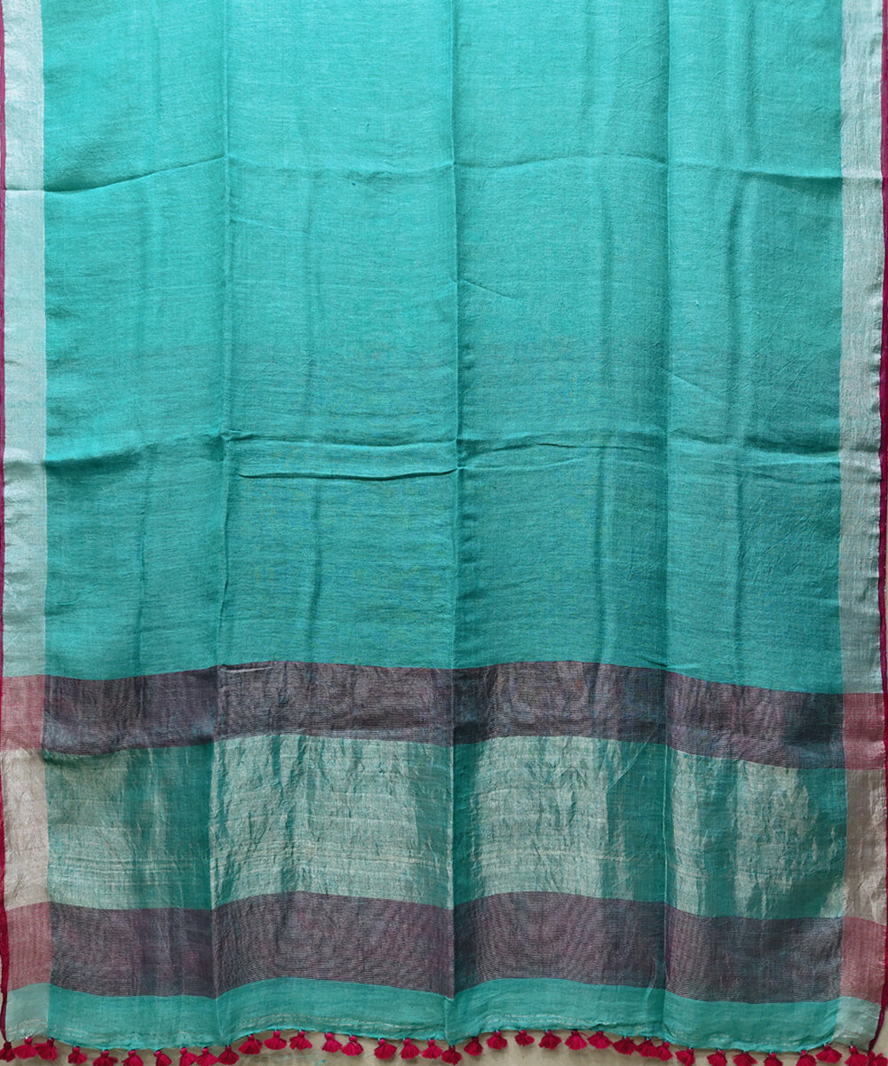 Sea green pink handwoven linen saree