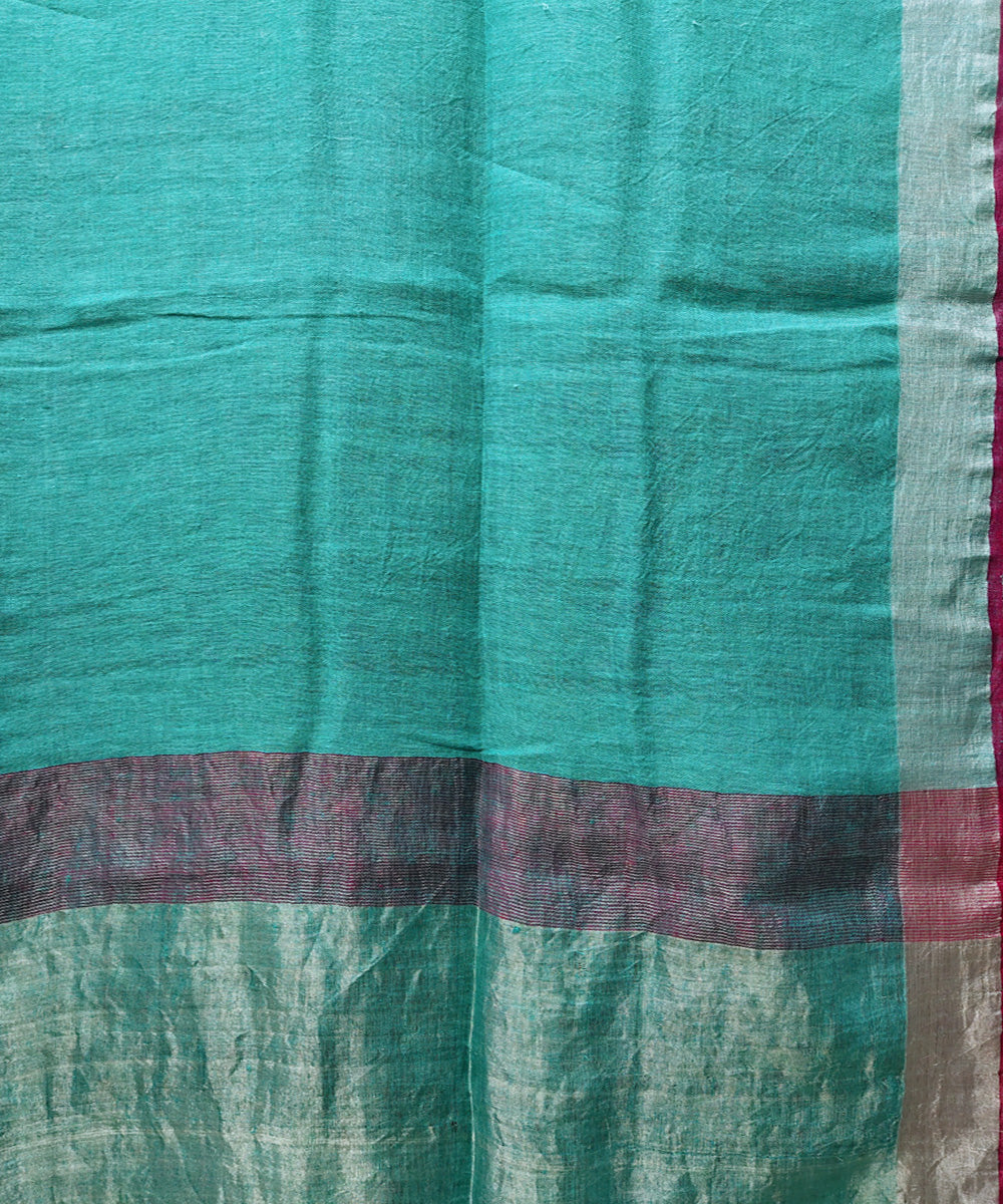 Sea green pink handwoven linen saree