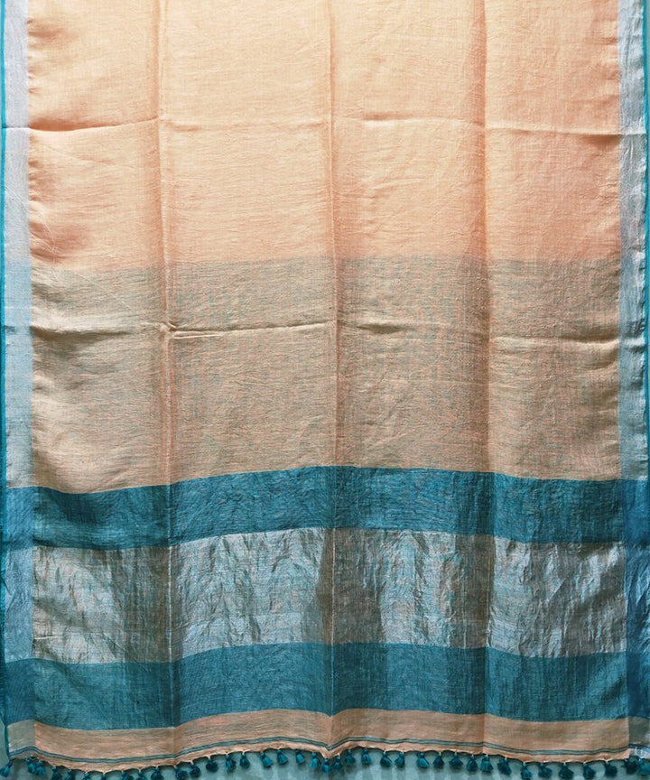 Light orange and teal handwoven linen saree